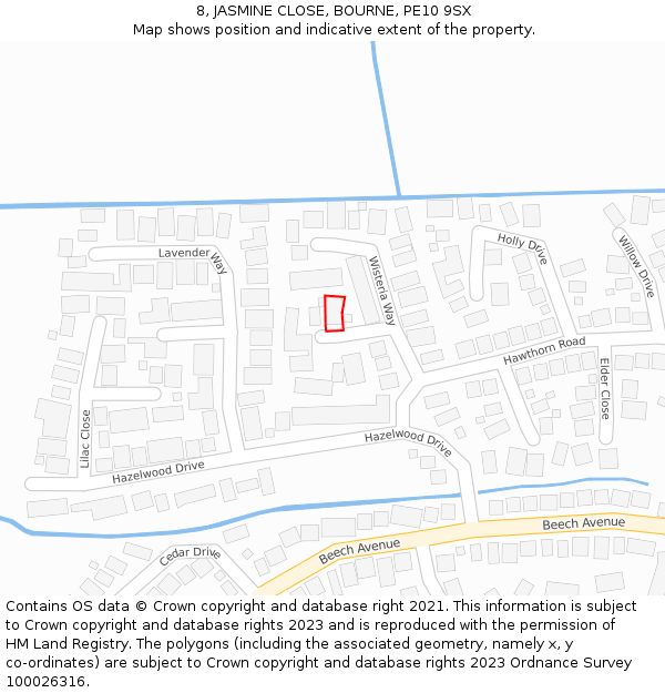 8, JASMINE CLOSE, BOURNE, PE10 9SX: Location map and indicative extent of plot