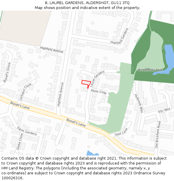 8, LAUREL GARDENS, ALDERSHOT, GU11 3TQ: Location map and indicative extent of plot