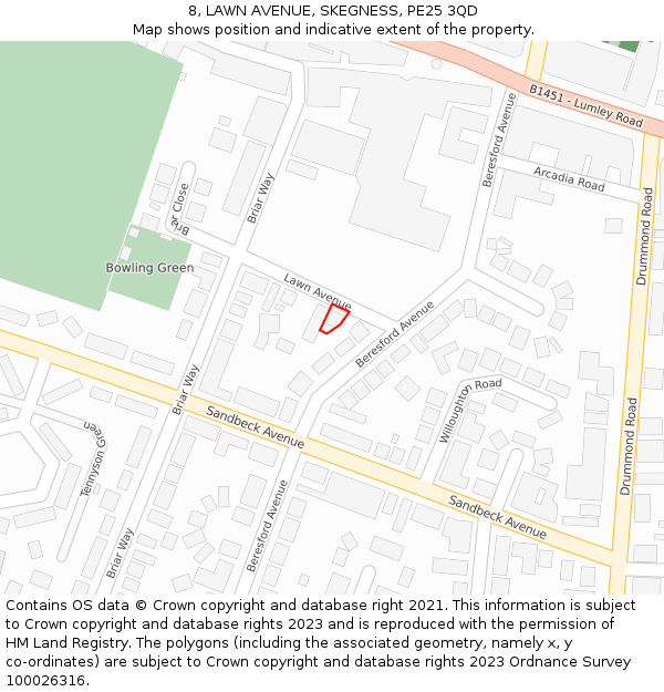 8, LAWN AVENUE, SKEGNESS, PE25 3QD: Location map and indicative extent of plot