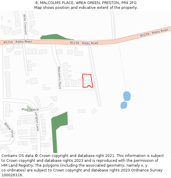 8, MALCOLMS PLACE, WREA GREEN, PRESTON, PR4 2FG: Location map and indicative extent of plot