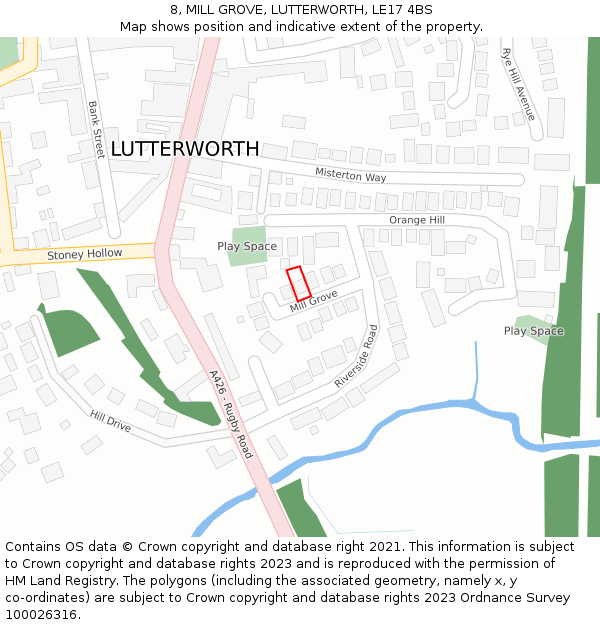 8, MILL GROVE, LUTTERWORTH, LE17 4BS: Location map and indicative extent of plot