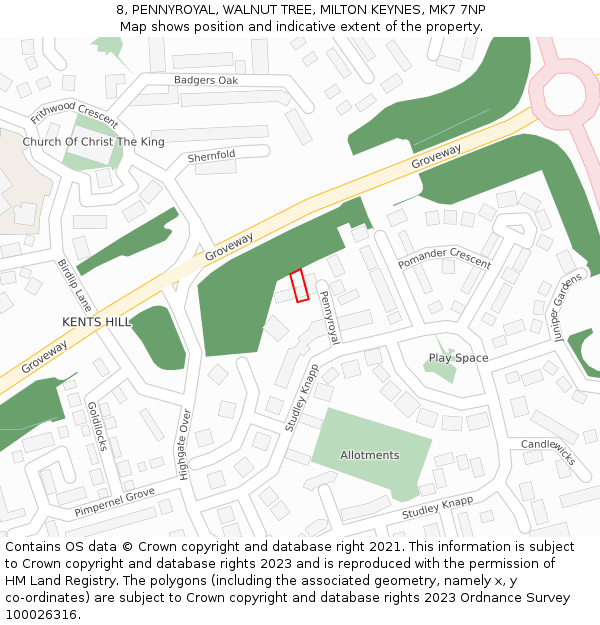 8, PENNYROYAL, WALNUT TREE, MILTON KEYNES, MK7 7NP: Location map and indicative extent of plot