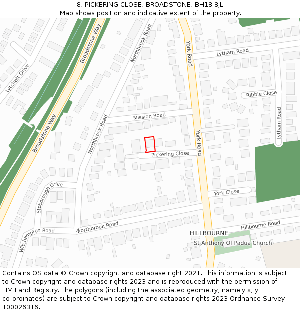 8, PICKERING CLOSE, BROADSTONE, BH18 8JL: Location map and indicative extent of plot