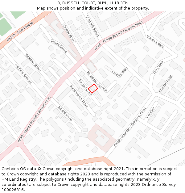 8, RUSSELL COURT, RHYL, LL18 3EN: Location map and indicative extent of plot