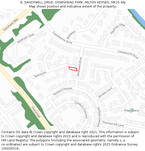 8, SANDYWELL DRIVE, DOWNHEAD PARK, MILTON KEYNES, MK15 9AJ: Location map and indicative extent of plot