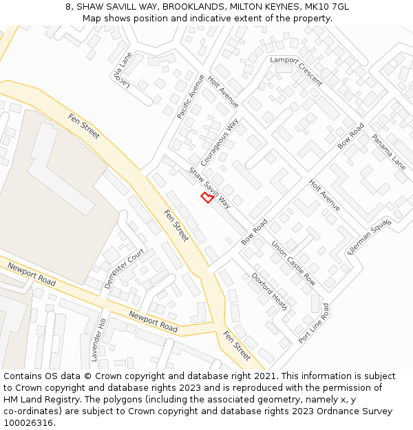 8, SHAW SAVILL WAY, BROOKLANDS, MILTON KEYNES, MK10 7GL: Location map and indicative extent of plot