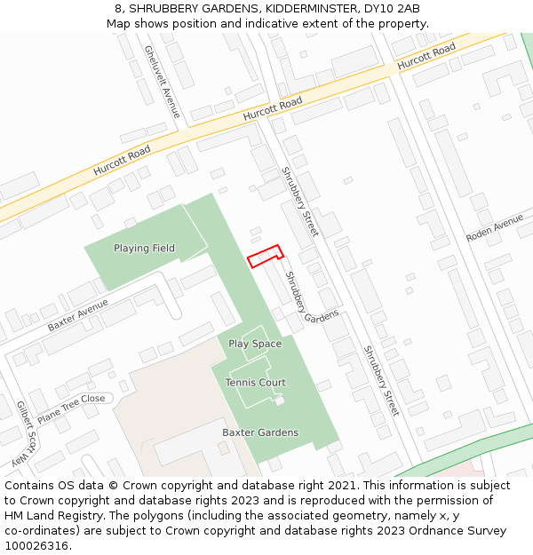 8, SHRUBBERY GARDENS, KIDDERMINSTER, DY10 2AB: Location map and indicative extent of plot