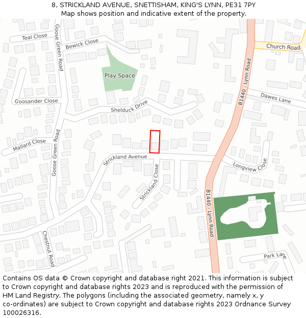 8, STRICKLAND AVENUE, SNETTISHAM, KING'S LYNN, PE31 7PY: Location map and indicative extent of plot