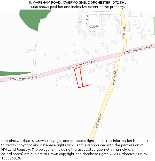 8, WAREHAM ROAD, OWERMOIGNE, DORCHESTER, DT2 8HL: Location map and indicative extent of plot