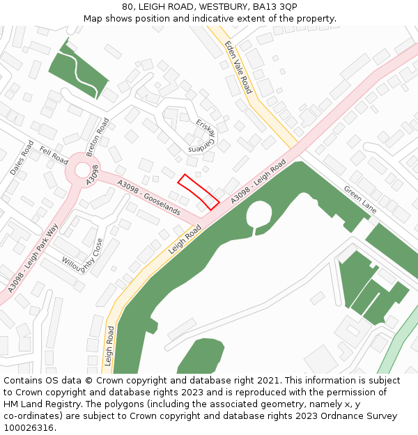 80, LEIGH ROAD, WESTBURY, BA13 3QP: Location map and indicative extent of plot