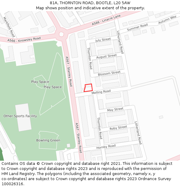 81A, THORNTON ROAD, BOOTLE, L20 5AW: Location map and indicative extent of plot