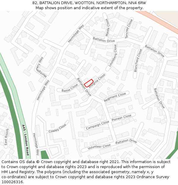 82, BATTALION DRIVE, WOOTTON, NORTHAMPTON, NN4 6RW: Location map and indicative extent of plot