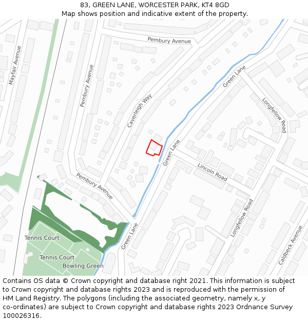 83, GREEN LANE, WORCESTER PARK, KT4 8GD: Location map and indicative extent of plot