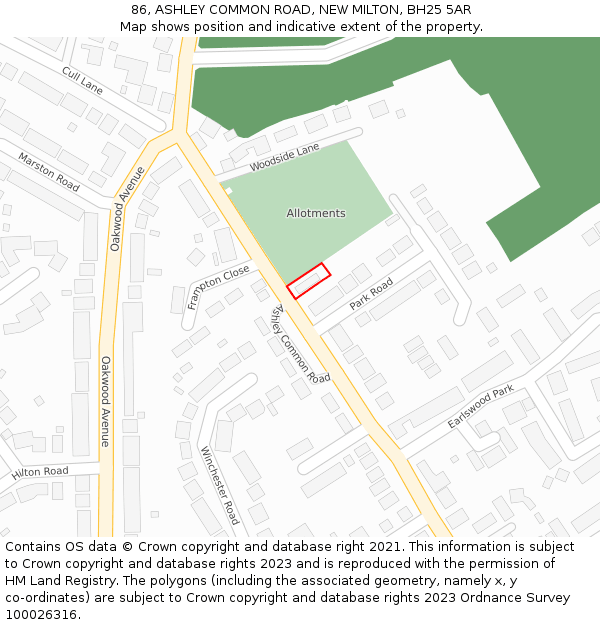 86, ASHLEY COMMON ROAD, NEW MILTON, BH25 5AR: Location map and indicative extent of plot