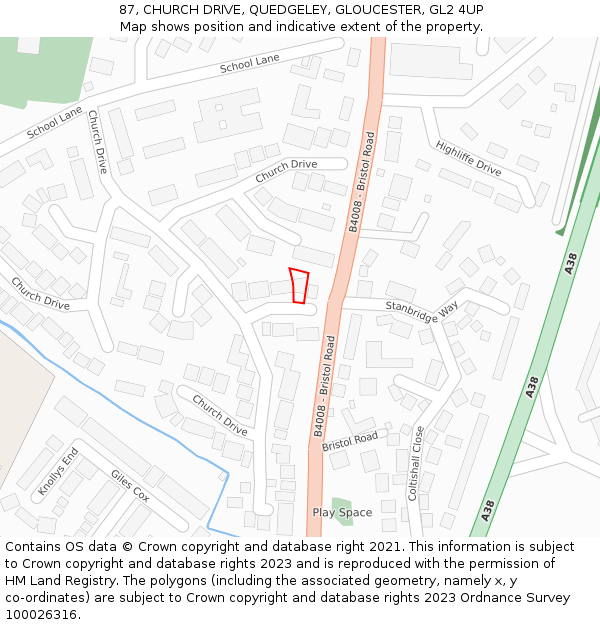 87, CHURCH DRIVE, QUEDGELEY, GLOUCESTER, GL2 4UP: Location map and indicative extent of plot