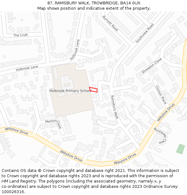 87, RAMSBURY WALK, TROWBRIDGE, BA14 0UX: Location map and indicative extent of plot