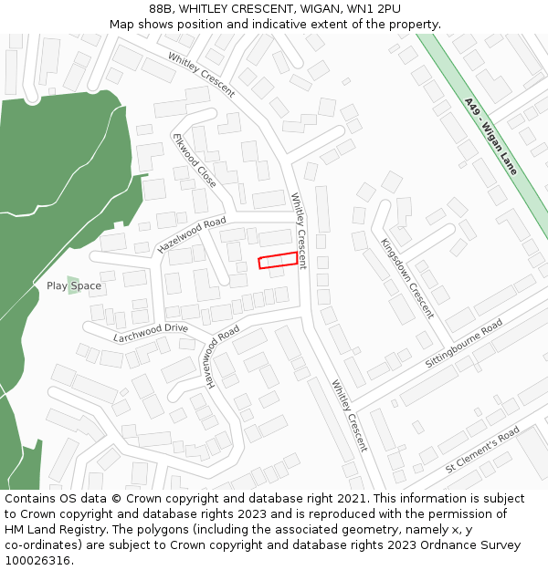 88B, WHITLEY CRESCENT, WIGAN, WN1 2PU: Location map and indicative extent of plot