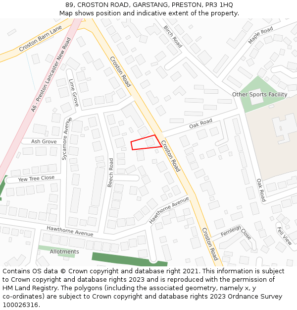 89, CROSTON ROAD, GARSTANG, PRESTON, PR3 1HQ: Location map and indicative extent of plot