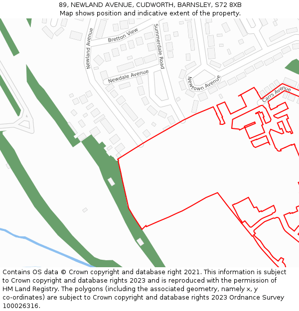 89, NEWLAND AVENUE, CUDWORTH, BARNSLEY, S72 8XB: Location map and indicative extent of plot