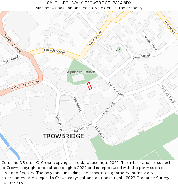 8A, CHURCH WALK, TROWBRIDGE, BA14 8DX: Location map and indicative extent of plot