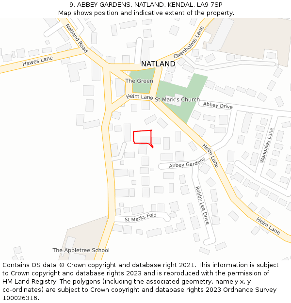 9, ABBEY GARDENS, NATLAND, KENDAL, LA9 7SP: Location map and indicative extent of plot