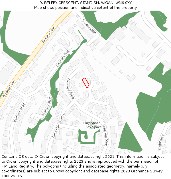 9, BELFRY CRESCENT, STANDISH, WIGAN, WN6 0XY: Location map and indicative extent of plot