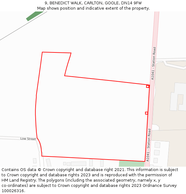 9, BENEDICT WALK, CARLTON, GOOLE, DN14 9FW: Location map and indicative extent of plot