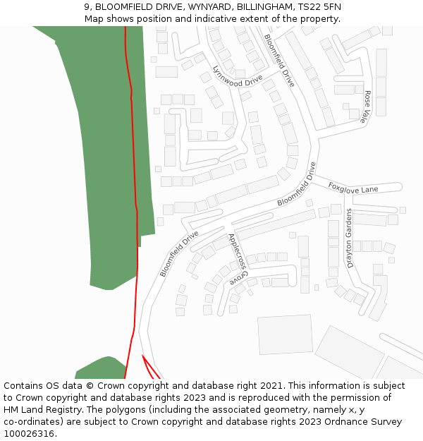 9, BLOOMFIELD DRIVE, WYNYARD, BILLINGHAM, TS22 5FN: Location map and indicative extent of plot