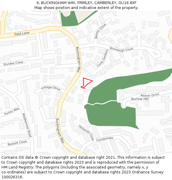 9, BUCKINGHAM WAY, FRIMLEY, CAMBERLEY, GU16 8XF: Location map and indicative extent of plot