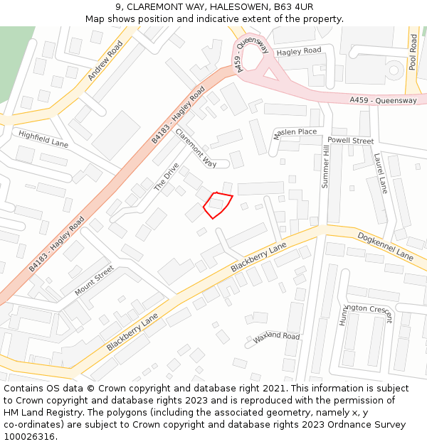 9, CLAREMONT WAY, HALESOWEN, B63 4UR: Location map and indicative extent of plot