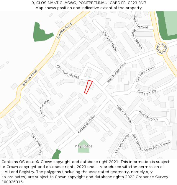 9, CLOS NANT GLASWG, PONTPRENNAU, CARDIFF, CF23 8NB: Location map and indicative extent of plot