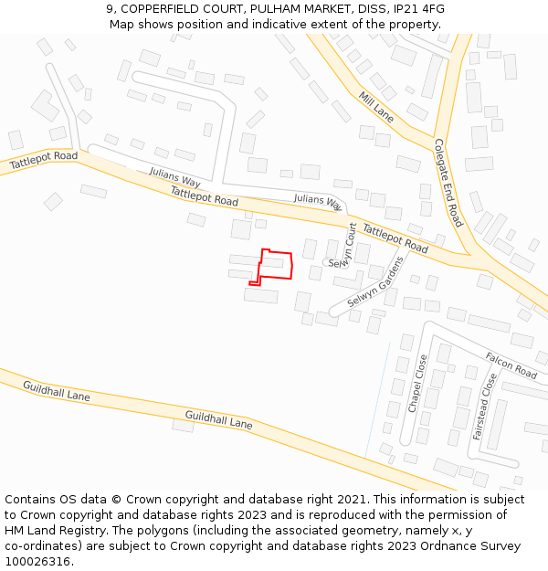 9, COPPERFIELD COURT, PULHAM MARKET, DISS, IP21 4FG: Location map and indicative extent of plot