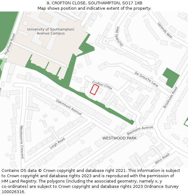 9, CROFTON CLOSE, SOUTHAMPTON, SO17 1XB: Location map and indicative extent of plot