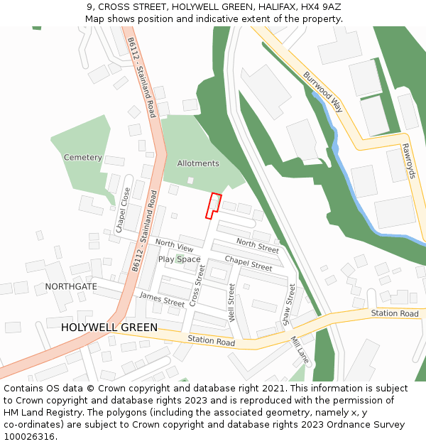 9, CROSS STREET, HOLYWELL GREEN, HALIFAX, HX4 9AZ: Location map and indicative extent of plot