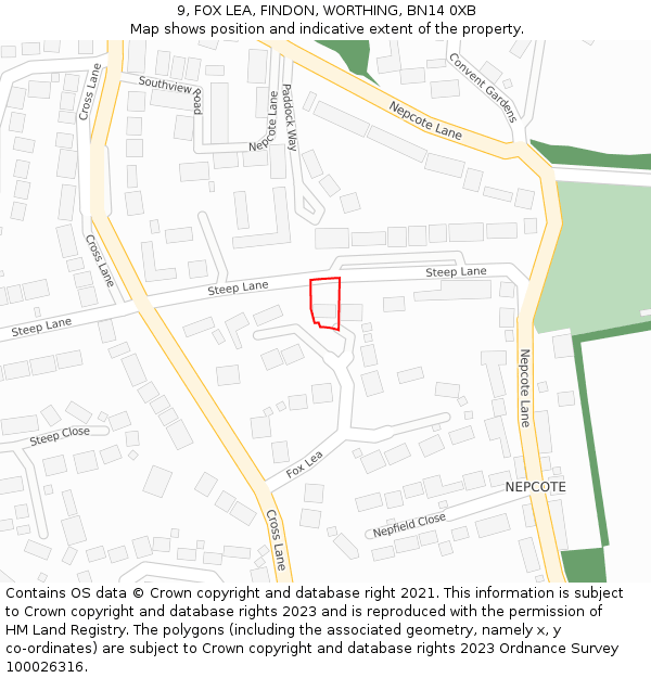 9, FOX LEA, FINDON, WORTHING, BN14 0XB: Location map and indicative extent of plot