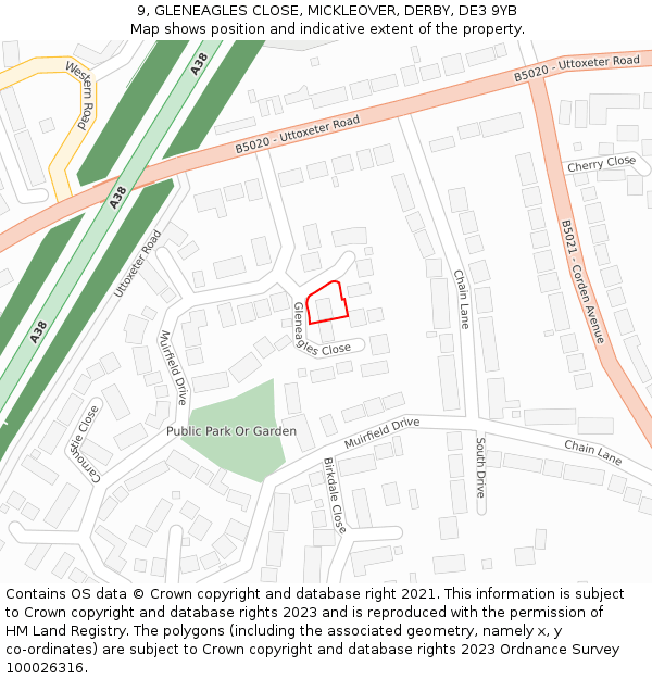 9, GLENEAGLES CLOSE, MICKLEOVER, DERBY, DE3 9YB: Location map and indicative extent of plot