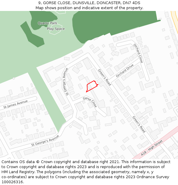 9, GORSE CLOSE, DUNSVILLE, DONCASTER, DN7 4DS: Location map and indicative extent of plot