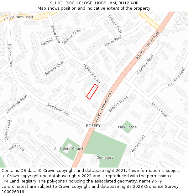 9, HIGHBIRCH CLOSE, HORSHAM, RH12 4UP: Location map and indicative extent of plot