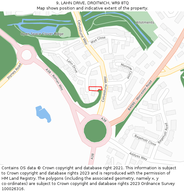 9, LAHN DRIVE, DROITWICH, WR9 8TQ: Location map and indicative extent of plot