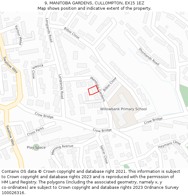 9, MANITOBA GARDENS, CULLOMPTON, EX15 1EZ: Location map and indicative extent of plot