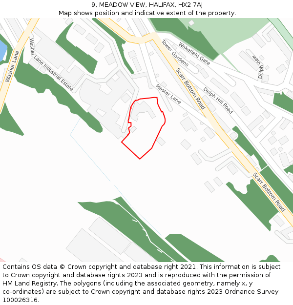 9, MEADOW VIEW, HALIFAX, HX2 7AJ: Location map and indicative extent of plot