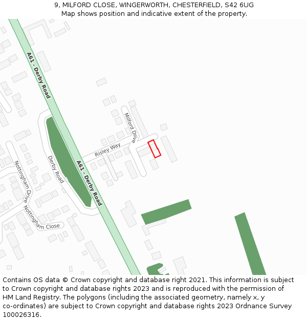 9, MILFORD CLOSE, WINGERWORTH, CHESTERFIELD, S42 6UG: Location map and indicative extent of plot