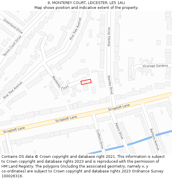 9, MONTEREY COURT, LEICESTER, LE5 1AU: Location map and indicative extent of plot