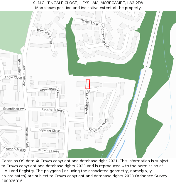 9, NIGHTINGALE CLOSE, HEYSHAM, MORECAMBE, LA3 2FW: Location map and indicative extent of plot