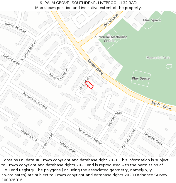 9, PALM GROVE, SOUTHDENE, LIVERPOOL, L32 3AD: Location map and indicative extent of plot