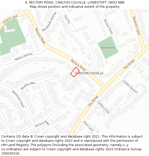 9, RECTORY ROAD, CARLTON COLVILLE, LOWESTOFT, NR33 8BB: Location map and indicative extent of plot