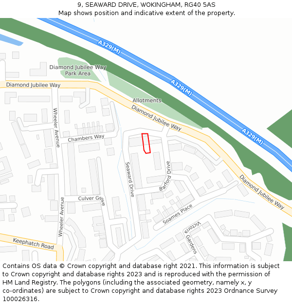 9, SEAWARD DRIVE, WOKINGHAM, RG40 5AS: Location map and indicative extent of plot