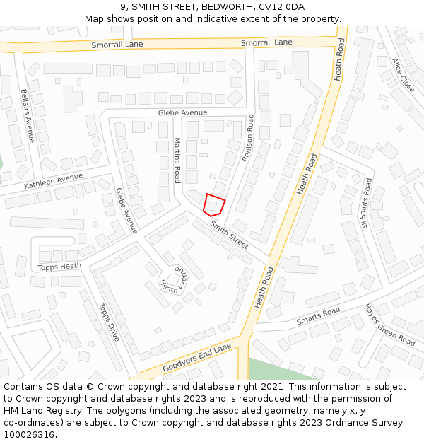 9, SMITH STREET, BEDWORTH, CV12 0DA: Location map and indicative extent of plot