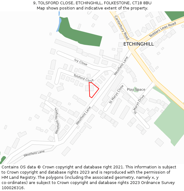 9, TOLSFORD CLOSE, ETCHINGHILL, FOLKESTONE, CT18 8BU: Location map and indicative extent of plot