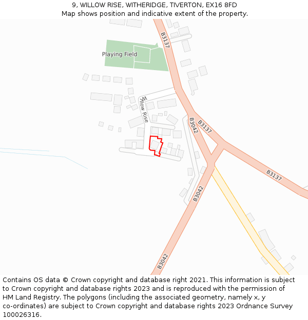 9, WILLOW RISE, WITHERIDGE, TIVERTON, EX16 8FD: Location map and indicative extent of plot